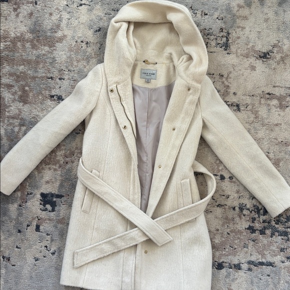 Cole Haan Jackets & Blazers - Cole Haan Cream Hooded Belted Wool Blend Coat